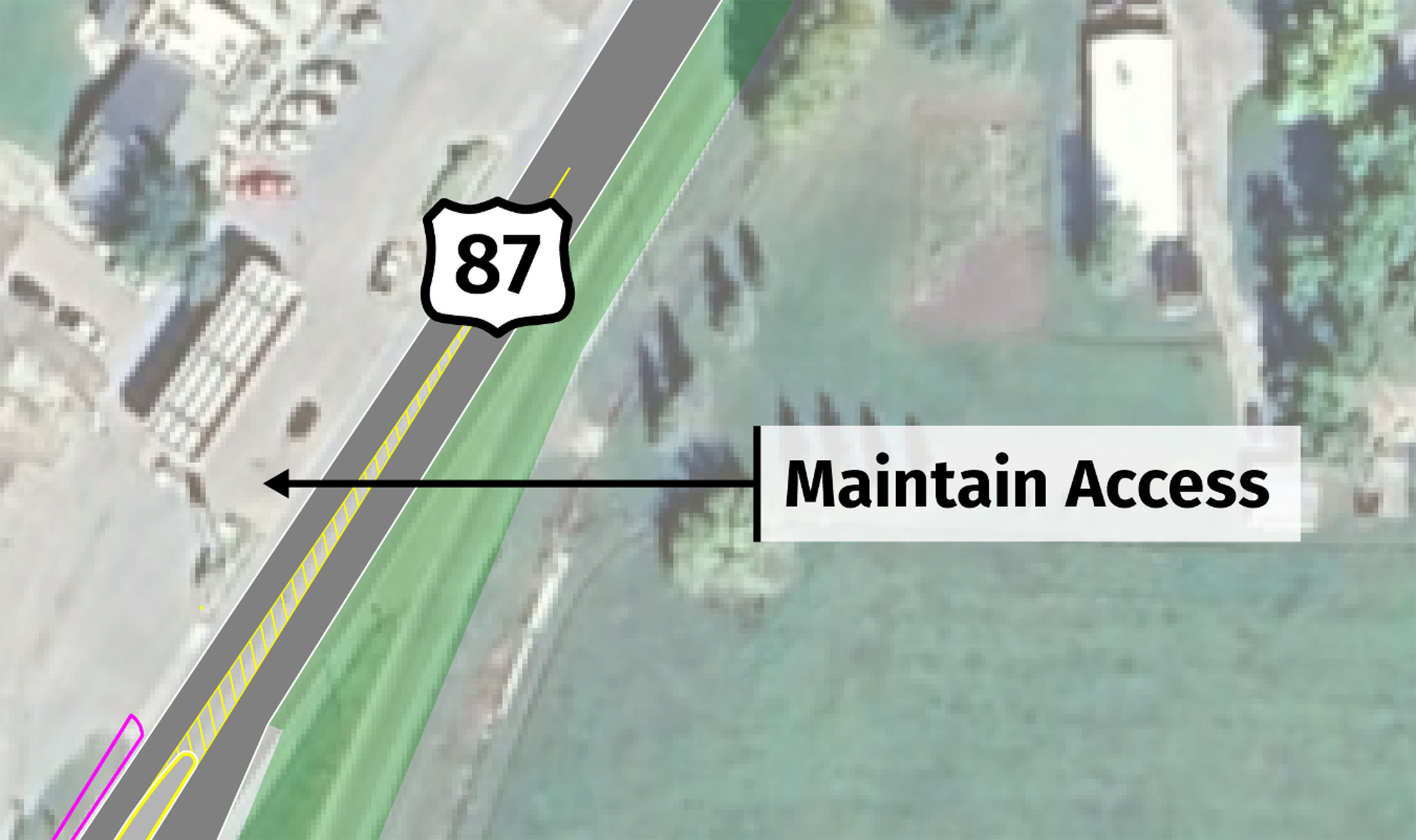 Map showing the business access on either side of the gas station